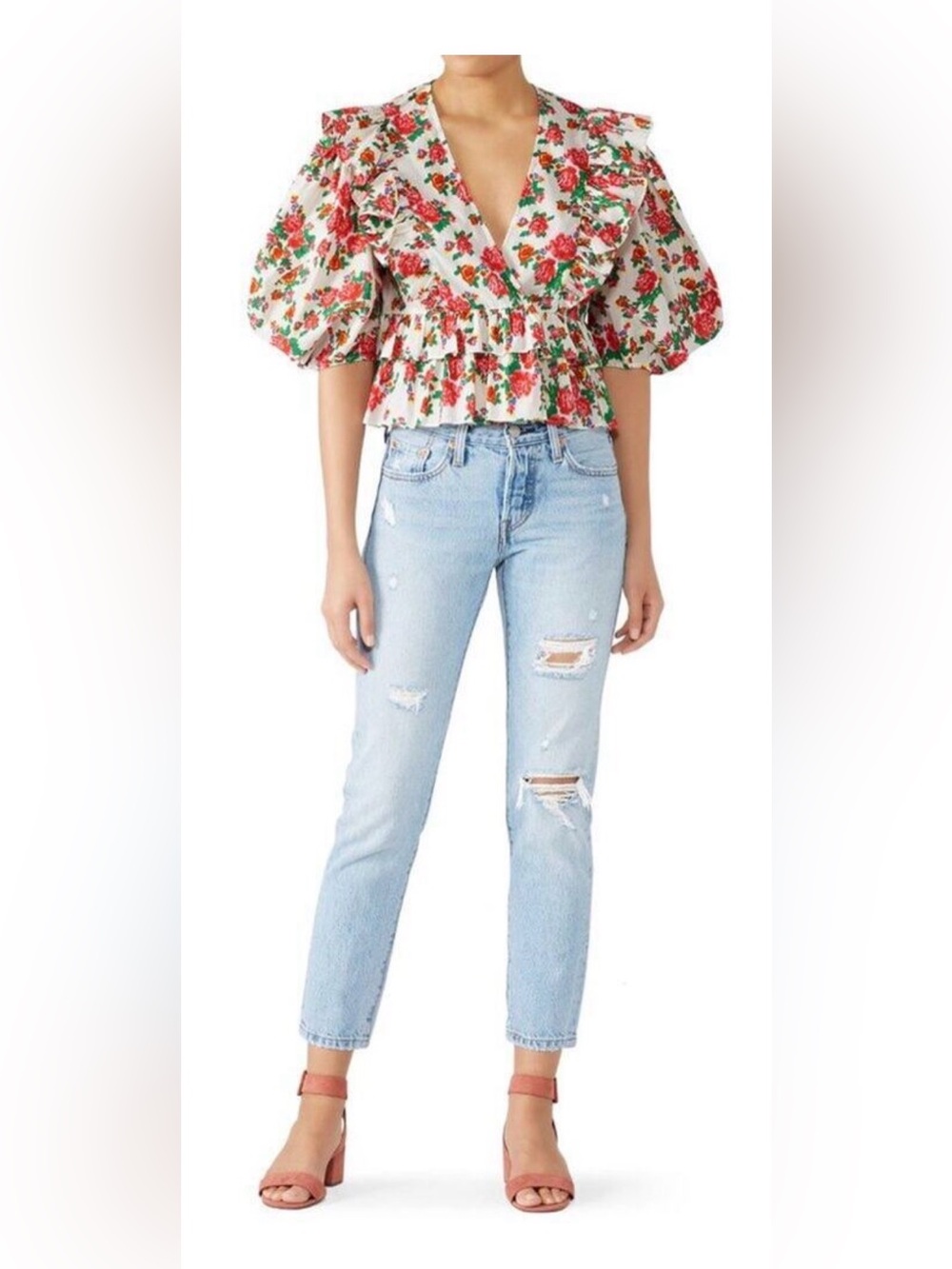 RHODE Floral Ruffle Puff-Sleeve Blouse in White with Red & Green Print